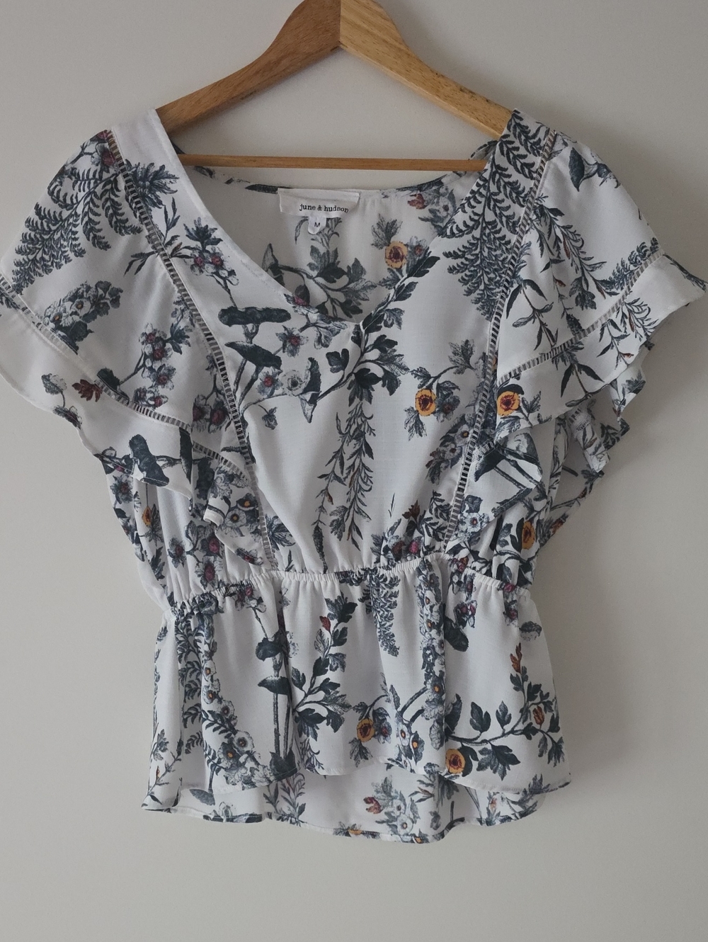 june & hudson White Floral Ruffled V-Neck Blouse